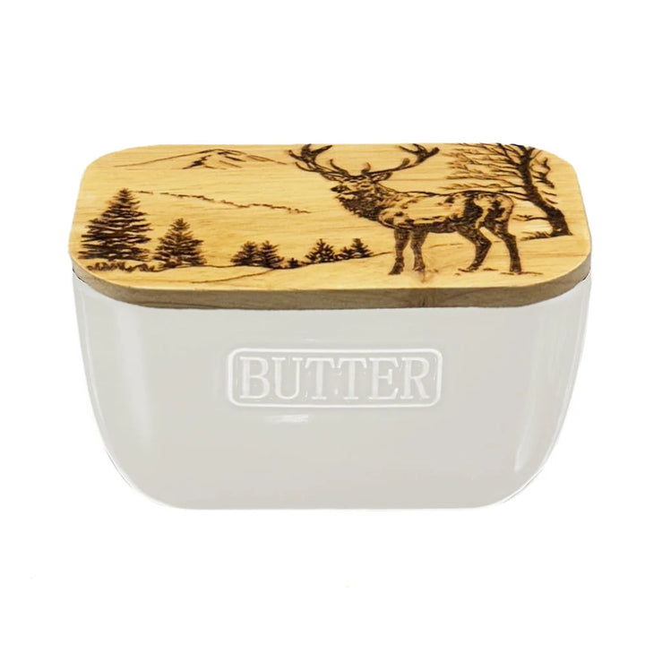 Selbrae House white butter dish with scenic stag design, elegant ceramic tableware from Cornucopia Home and Gift.
