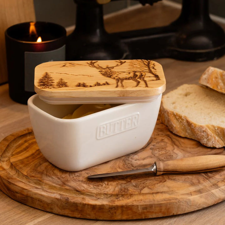 Selbrae House white butter dish featuring a scenic stag design, crafted by Cornucopia Home and Gift, with a classic ceramic finish.