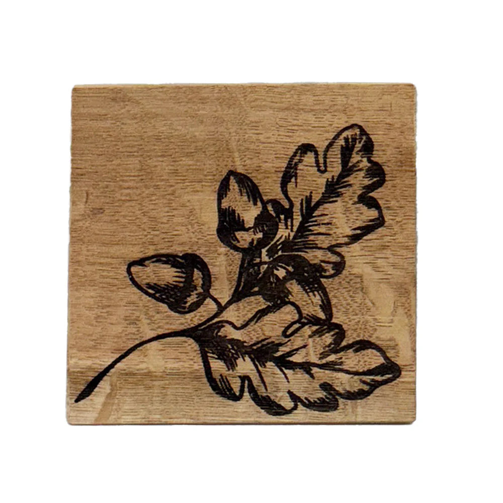 Selbrae House single oak coaster featuring autumn acorns design, perfect for protecting surfaces with rustic charm.