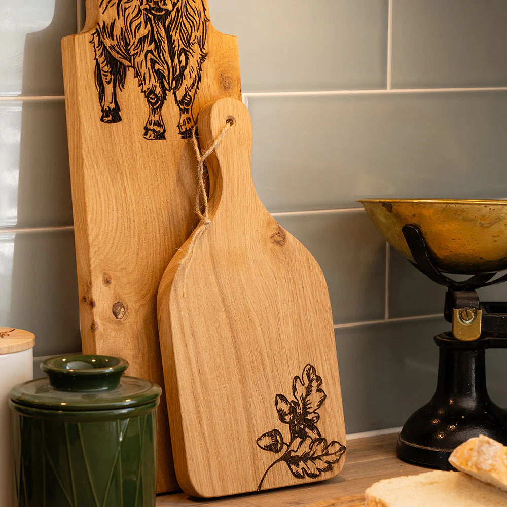 Selbrae House small oak hanging paddle with autumn acorns, decorative wooden ornament for seasonal decor from Cornucopia Home and Gift
