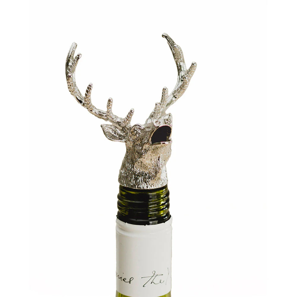 Selbrae House stag bottle pourer with detailed antler design, made by Cornucopia Home and Gift, for elegant wine or spirits service.