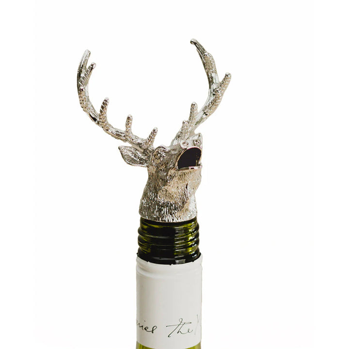 Selbrae House stag bottle pourer with detailed antler design, made by Cornucopia Home and Gift, for elegant wine or spirits service.
