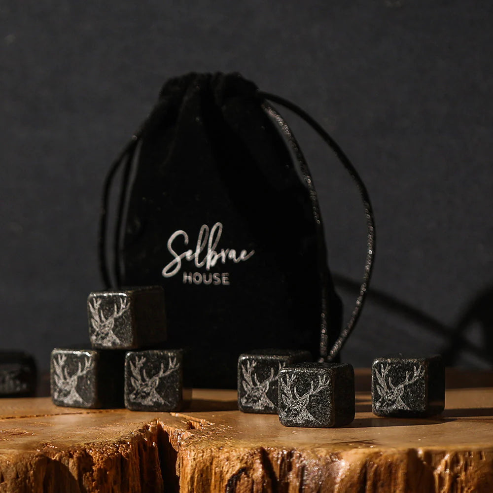 Set of 6 Selbrae House whisky stones by Cornucopia Home and Gift, made of natural stone for chilling drinks without dilution.