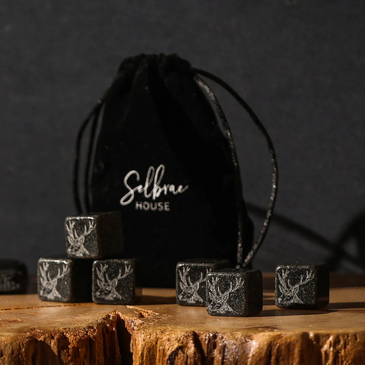 Set of 6 Selbrae House whisky stones by Cornucopia Home and Gift, made of natural stone for chilling drinks without dilution.