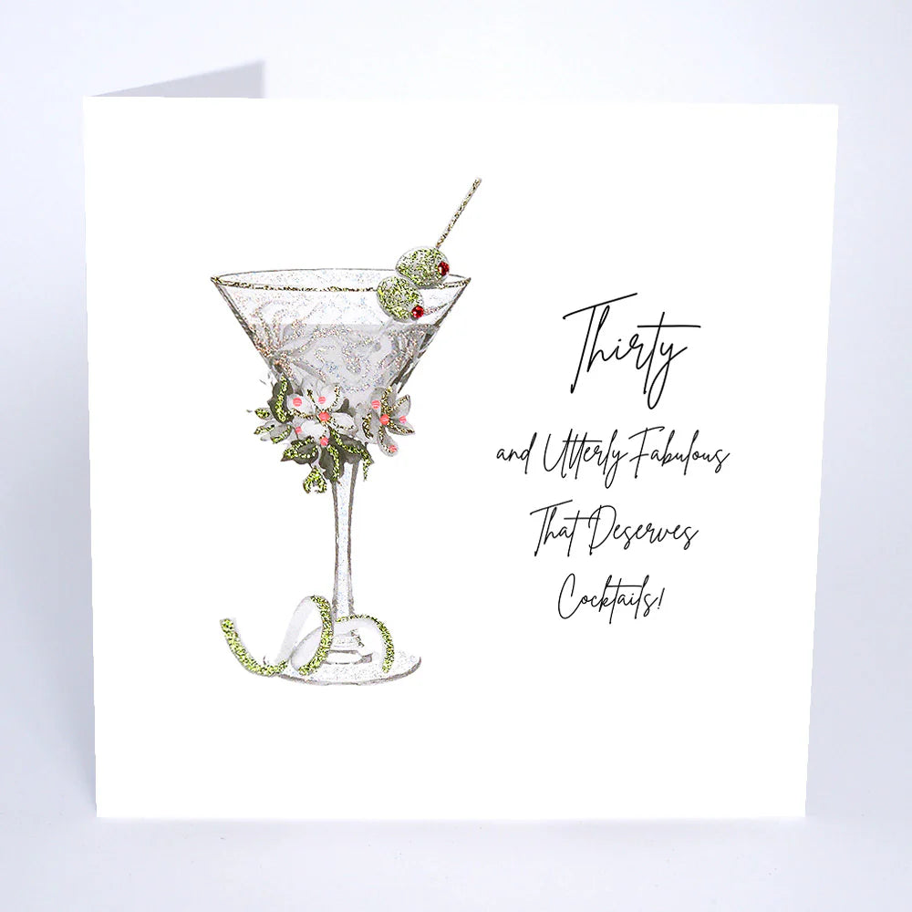 Five Dollar Shake "Thirty and Utterly Fabulous That Deserves Cocktails" greeting card by Cornucopia Home and Gift, featuring vibrant design.