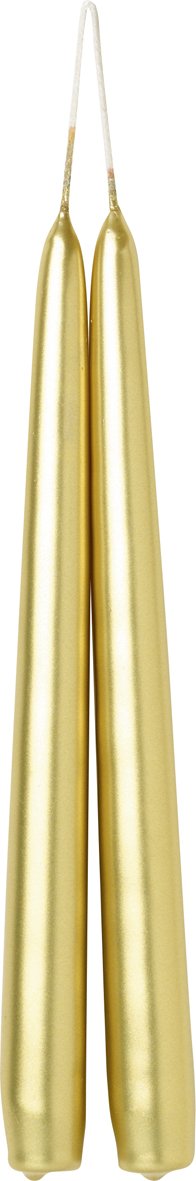 Gold tapered candle from Cornucopia Home and Gift's Ideal Home Range, shown in a close-up view highlighting its elegant shape and finish.