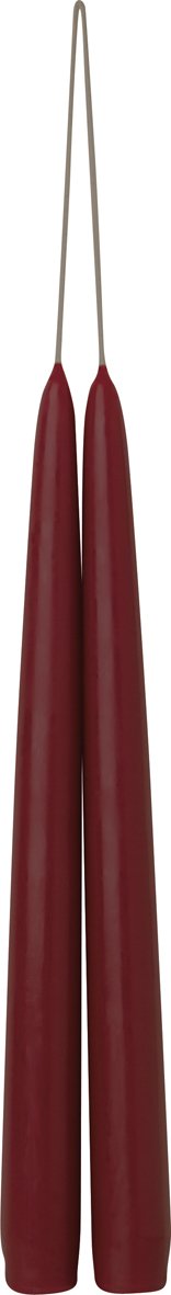 Dark red tapered candle from Cornucopia Home and Gift's Ideal Home Range, shown burning in a classic holder.
