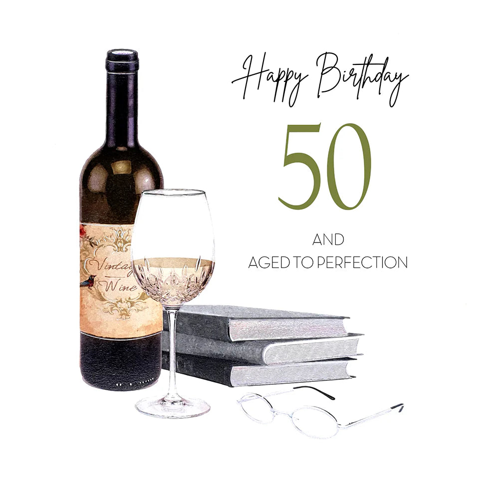 A 50 and Aged To Perfection birthday card from Five Dollar Shake, featuring colorful, festive design and playful lettering.
