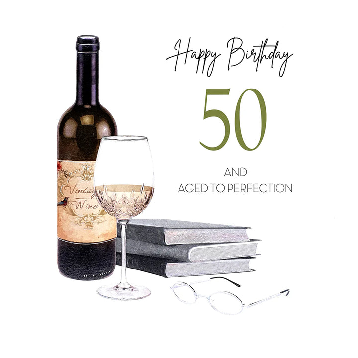 A 50 and Aged To Perfection birthday card from Five Dollar Shake, featuring colorful, festive design and playful lettering.