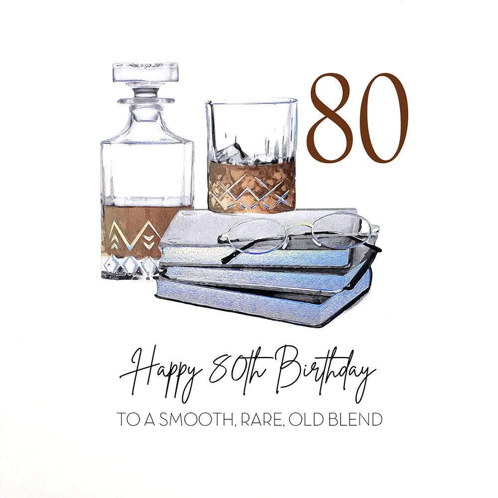 Happy 80th birthday cake with "To a Smooth, Rare Old Blend" message, decorated with a birthday candle and colorful frosting.