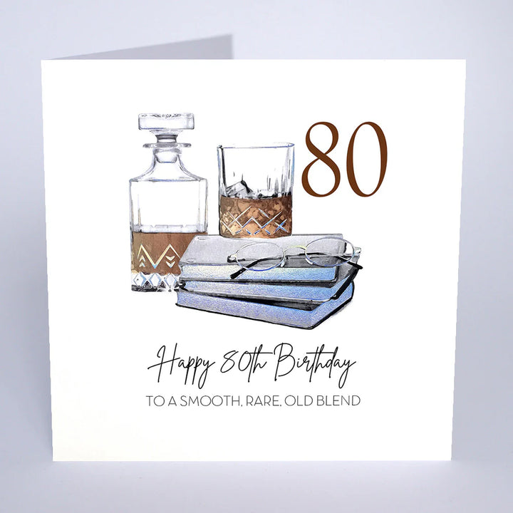 Happy 80th birthday greeting card from Cornucopia Home and Gift featuring a smooth, rare old blend theme with vibrant design.