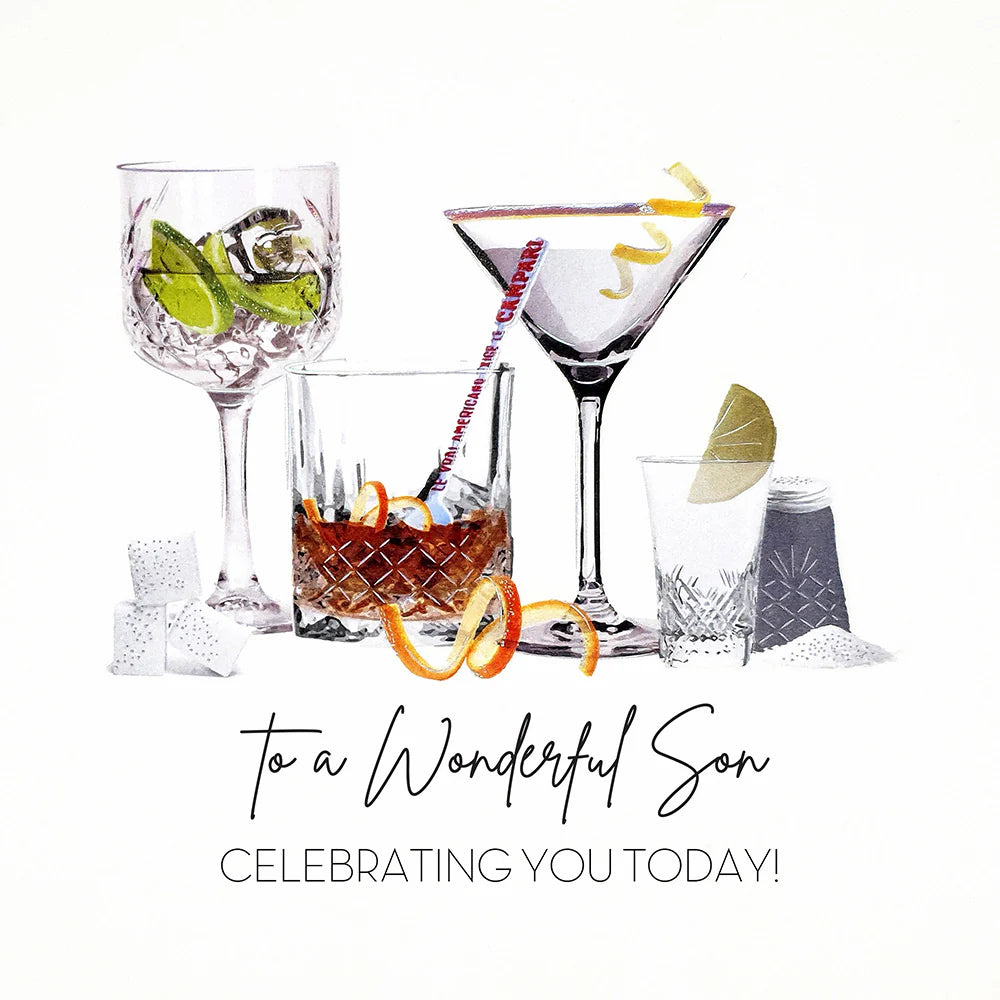 Five Dollar Shake "To A Wonderful Son" greeting card by Cornucopia Home and Gift, featuring colorful, heartfelt design.