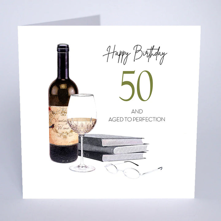 Aged to Perfection birthday card from Five Dollar Shake, featuring elegant design with "50" and celebratory details, by Cornucopia Home and Gift.