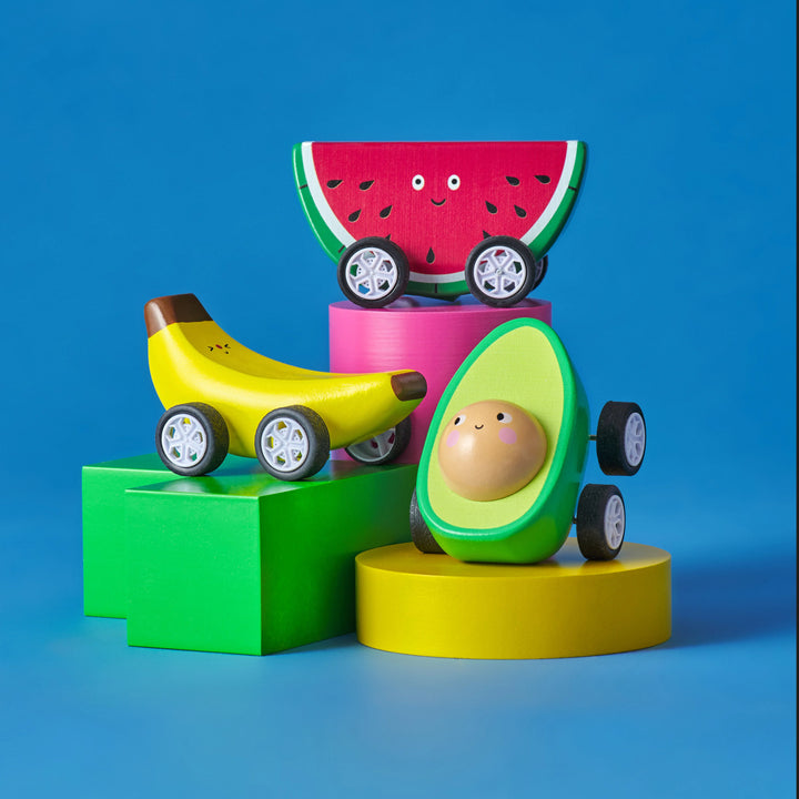 Kikkerland Fruit-Fun Pull Back Cars in vibrant fruit-themed designs, perfect for kids&