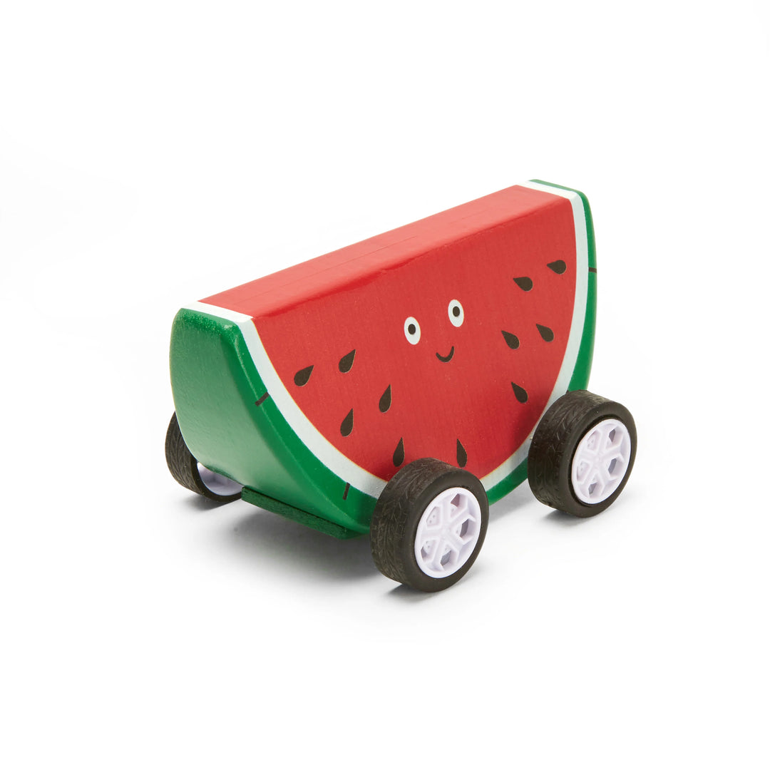 Colorful Fruit-Fun Pull Back Cars by Kikkerland, designed for kids, featuring vibrant fruit-themed vehicle designs.