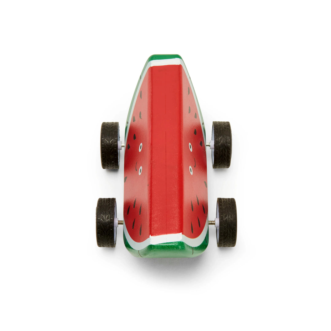 Colorful Fruit-Fun Pull Back Cars by Kikkerland, designed for kids, featuring bright fruit-themed designs and easy pull-back action.