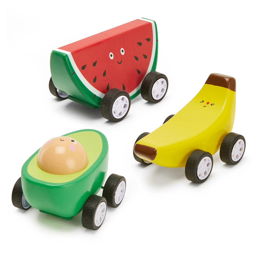 Colorful Fruit-Fun Pull Back Cars by Kikkerland, featuring playful fruit designs for kids, on a white background.