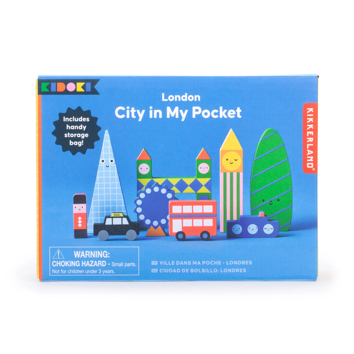 Kikkerland City in My Pocket London miniature cityscape keychain in a clear plastic package, detailed London landmarks design.