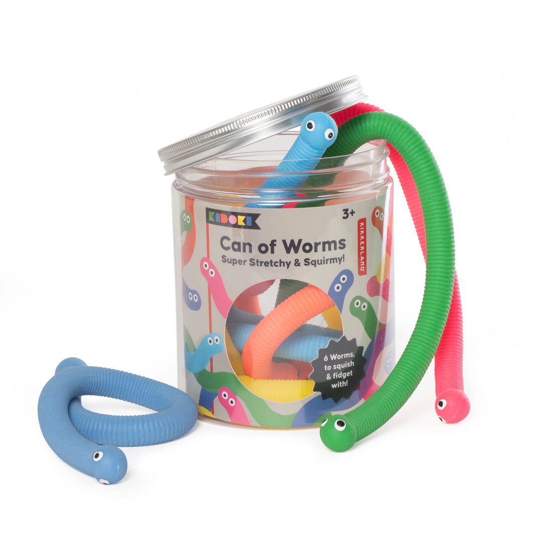 Kikkerland Can of Worms Toy featuring colorful plastic worms inside a realistic metal can for fun and imaginative play.