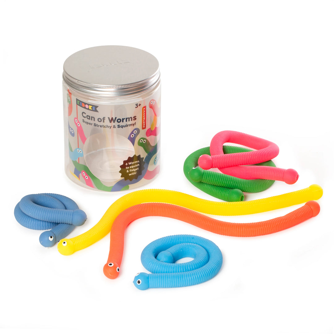 Kikkerland Can of Worms toy with colorful plastic worms inside a metal can, fun novelty toy for kids.