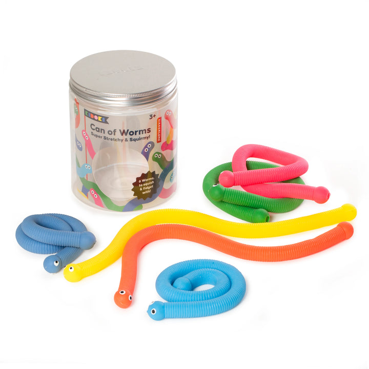 Kikkerland Can of Worms toy with colorful plastic worms inside a metal can, fun novelty toy for kids.
