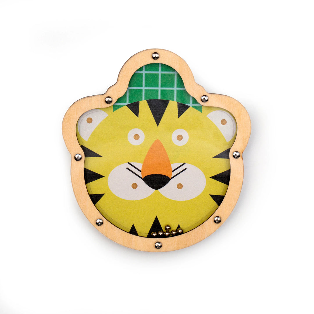 Kikkerland Kidoki Double Sided Tilt &amp; Roll Puzzle with colorful wooden pieces on a white background