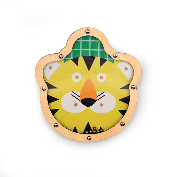 Kikkerland Kidoki Double Sided Tilt &amp; Roll Puzzle with colorful wooden pieces on a white background