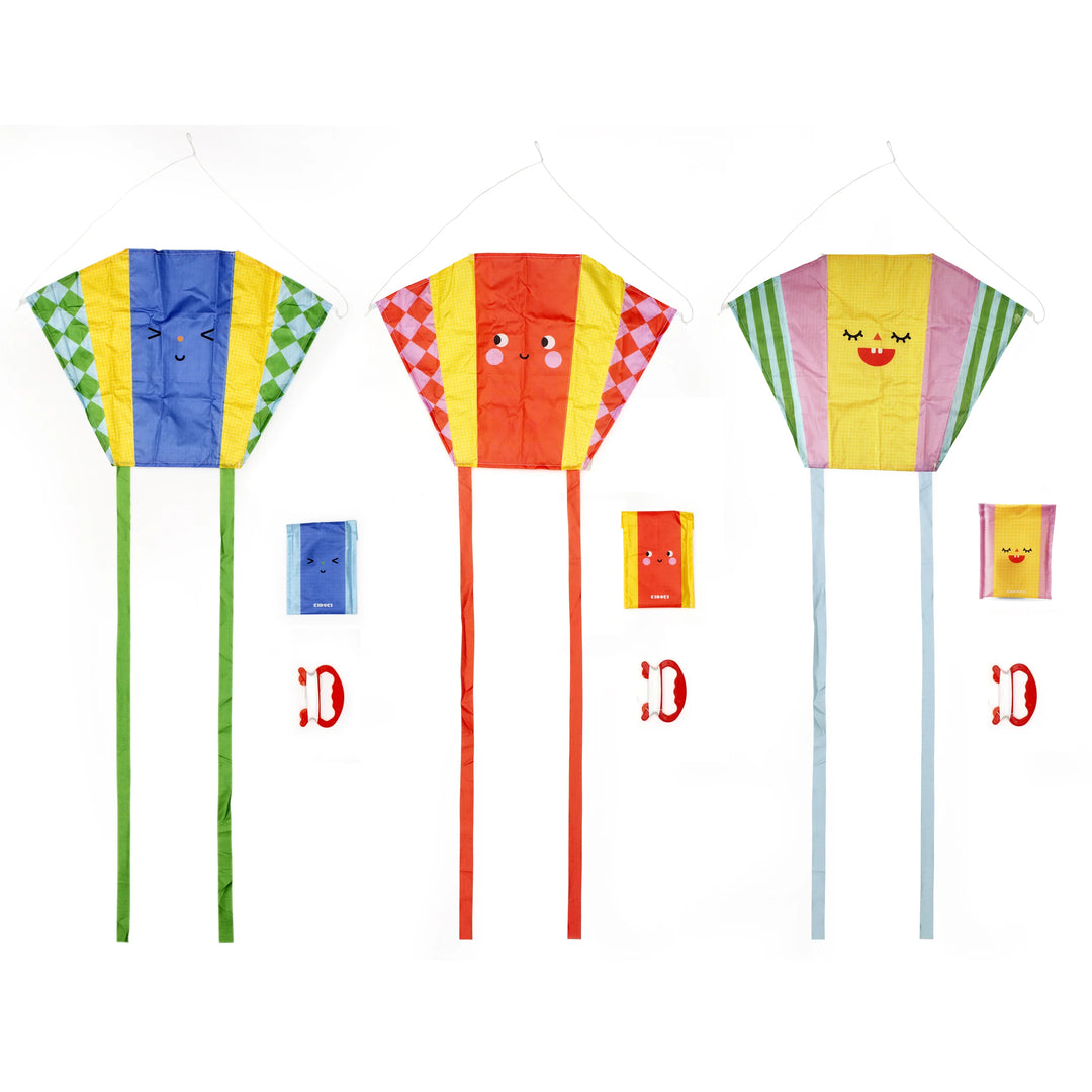 Colorful Kidoki Kites by Kikkerland featuring vibrant designs, perfect for outdoor fun and kite flying activities.