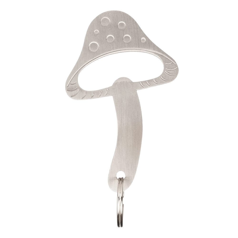 Kikkerland Mushroom bottle opener keyring featuring a white ceramic mushroom design on a keyring for opening bottles easily.