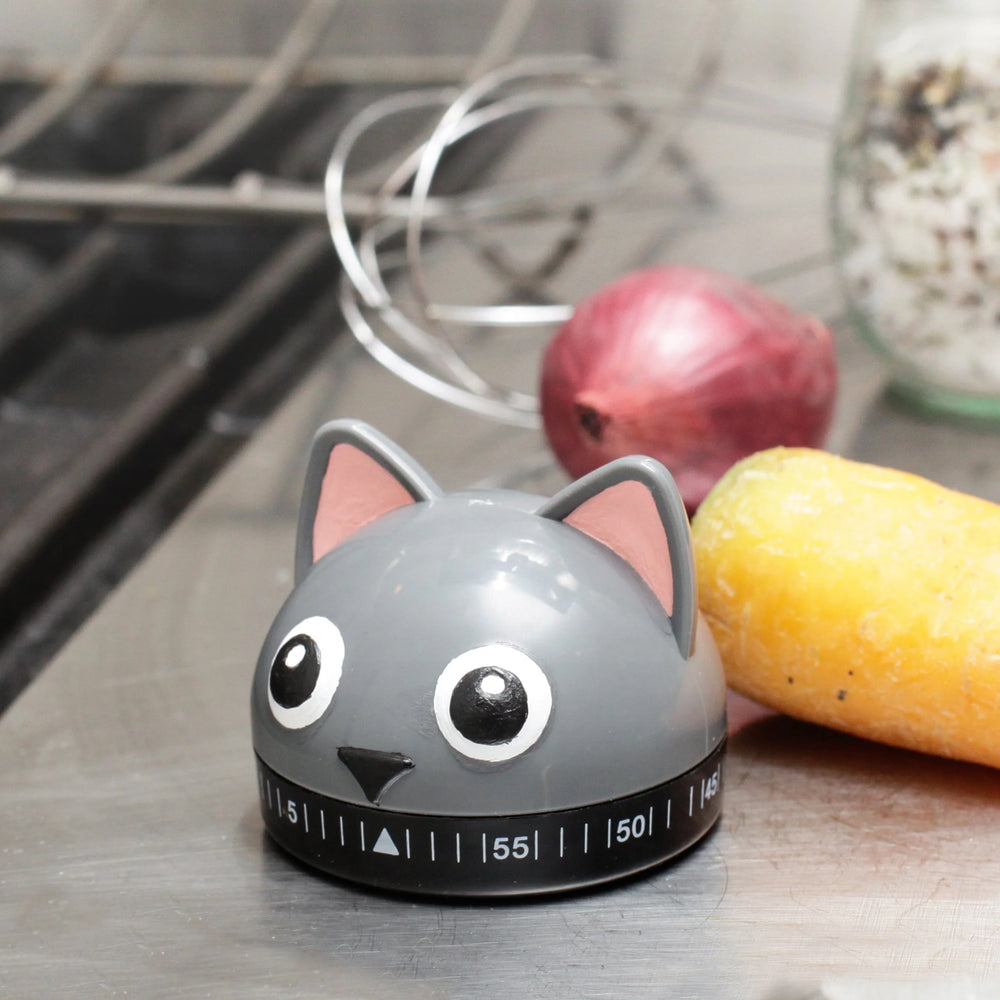 Kikkerland Kitchen Timer in the shape of a cute cat, with a round dial and playful design, perfect for kitchen use.