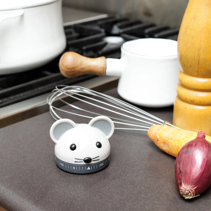Kikkerland mouse-shaped kitchen timer in black and white with a classic design, suitable for cooking and baking.