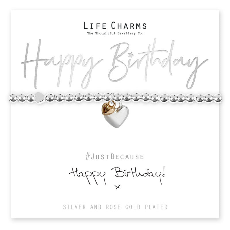 Colorful Happy Birthday Hearts bracelet from Cornucopia Home and Gift, featuring life charms with heart-shaped birthday accents.