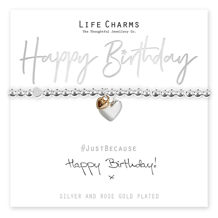 Colorful Happy Birthday Hearts bracelet from Cornucopia Home and Gift, featuring life charms with heart-shaped birthday accents.