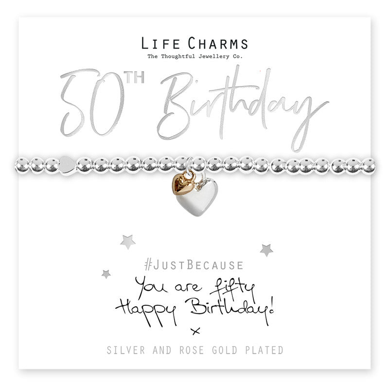 Life charms heart bracelet with "You Are 50" inscription from Cornucopia Home and Gift, featuring a silver-tone design.