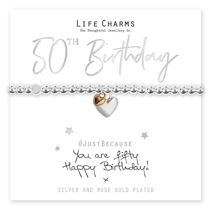 Life charms heart bracelet with "You Are 50" inscription from Cornucopia Home and Gift, featuring a silver-tone design.