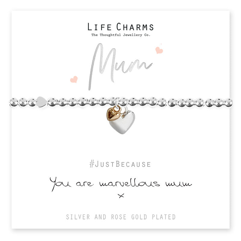Marvellous Mum Hearts bracelet from Cornucopia Home and Gift featuring gold-tone hearts and life charms on a delicate chain.
