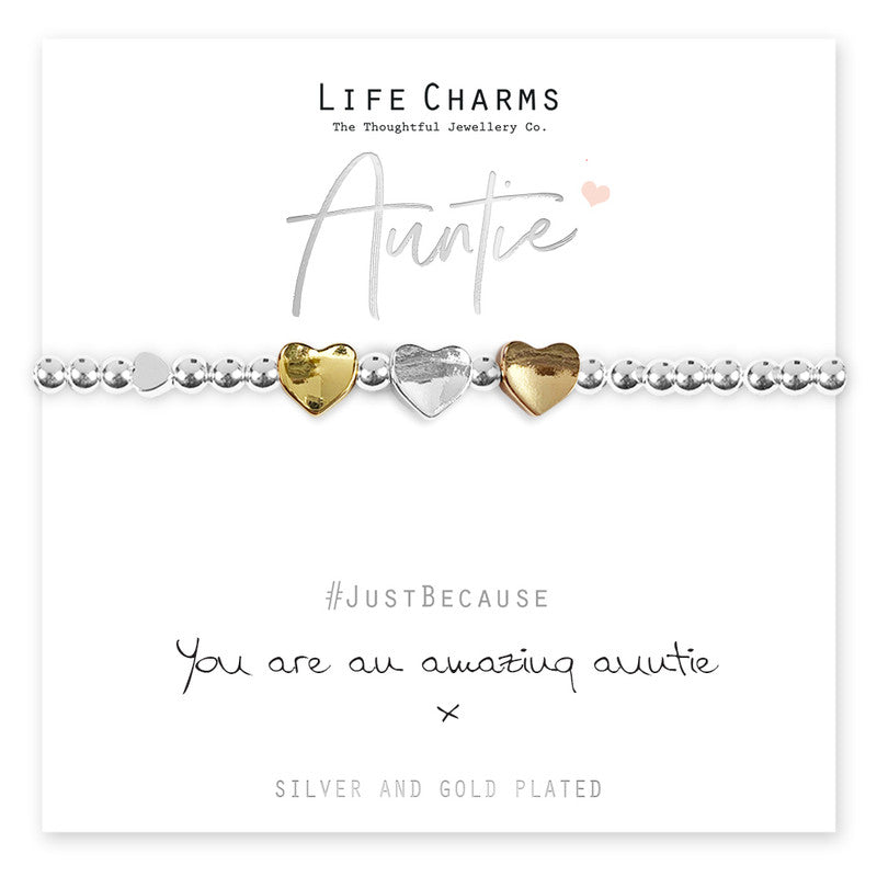 Silver Amazing Auntie bracelet with life charms from Cornucopia Home and Gift, featuring detailed charm designs on a sleek bracelet.