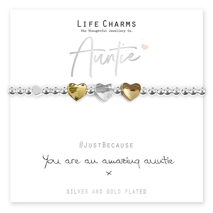 Silver Amazing Auntie bracelet with life charms from Cornucopia Home and Gift, featuring detailed charm designs on a sleek bracelet.