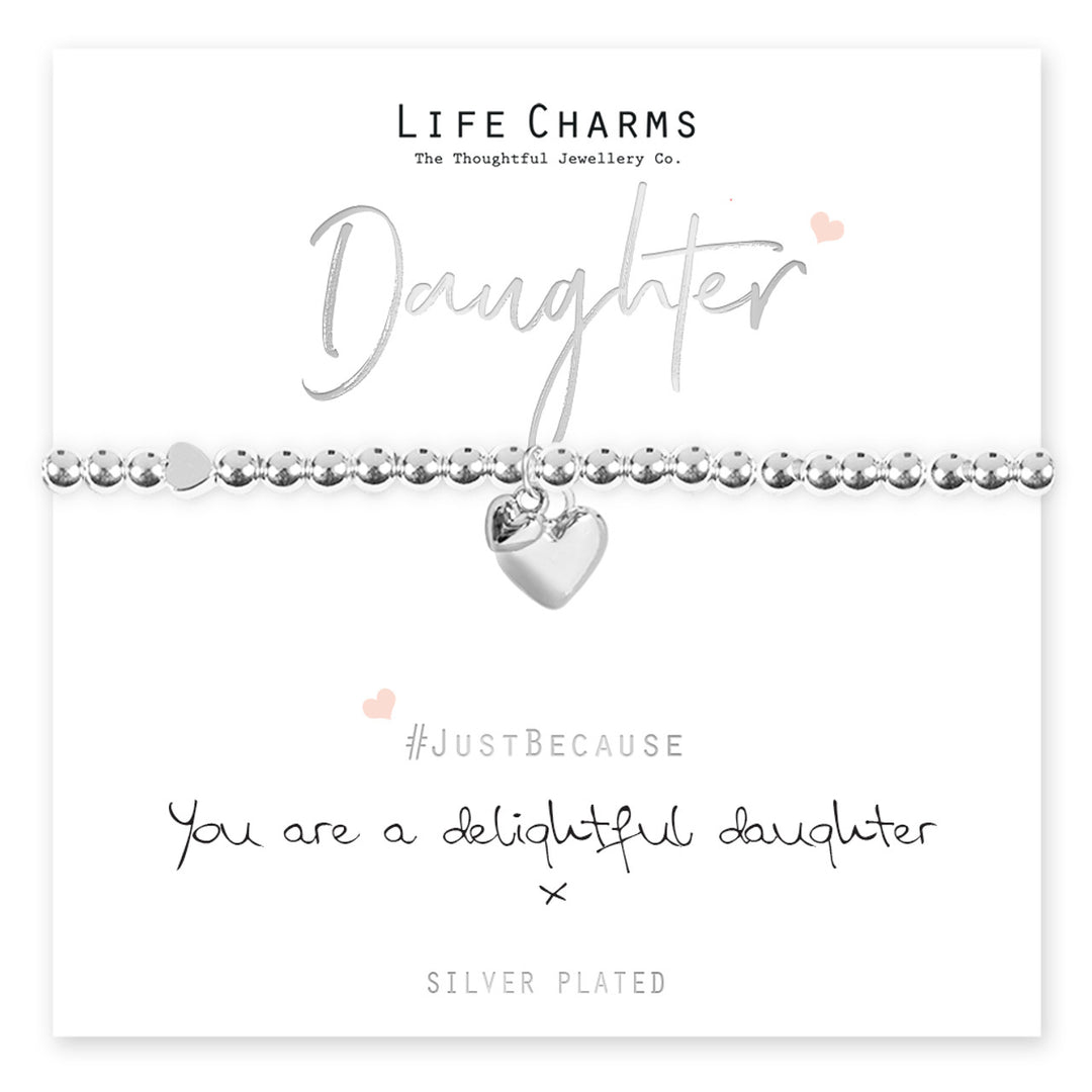 Silver heart-shaped daughter charm bracelet from Cornucopia Home and Gift featuring a delicate life charms design.