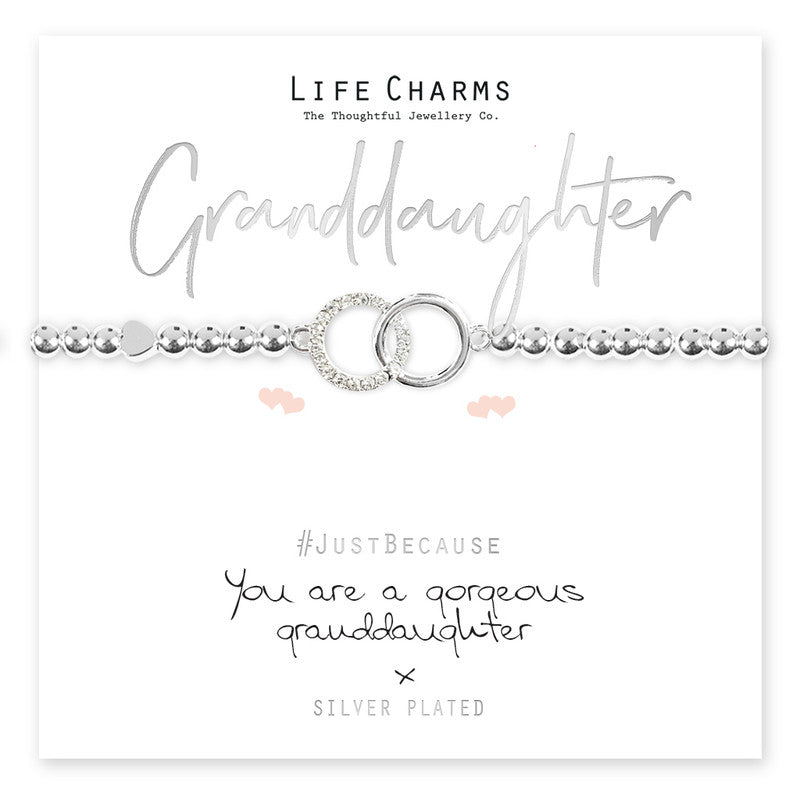 Silver granddaughter bracelet with life charms, featuring meaningful symbols, from Cornucopia Home and Gift.