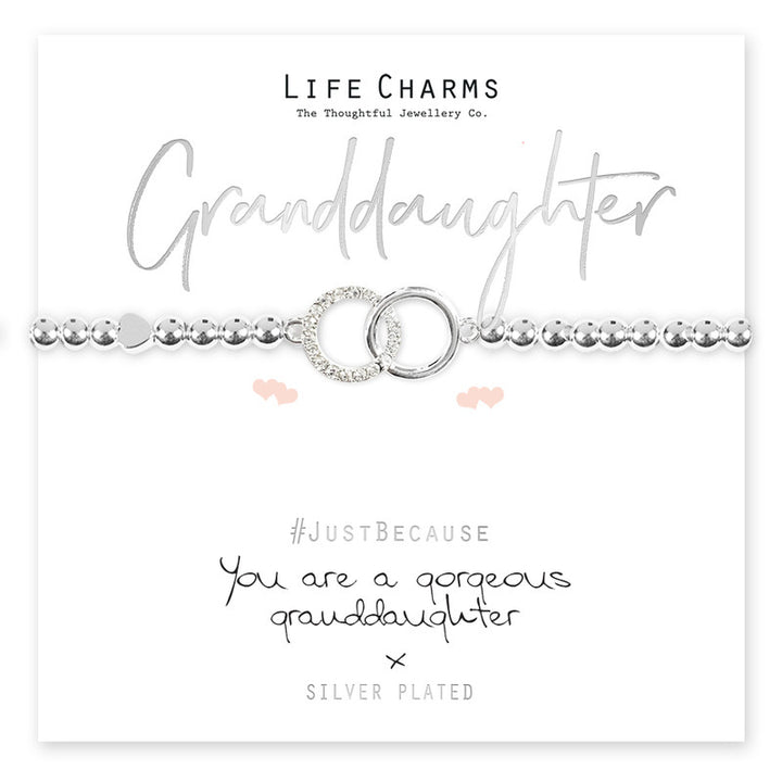 Silver granddaughter bracelet with life charms, featuring meaningful symbols, from Cornucopia Home and Gift.