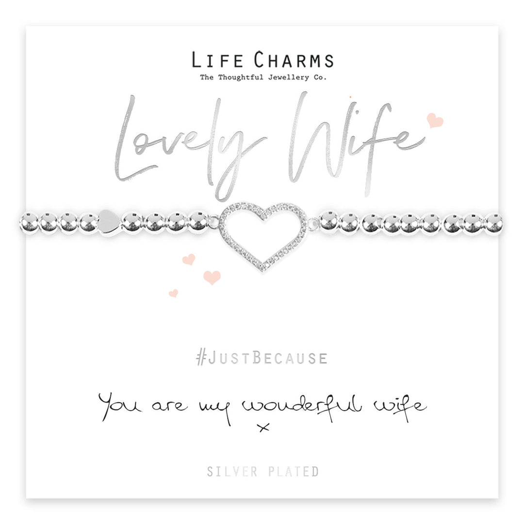 Silver "Lovely Wife" bracelet with life charms, featuring elegant design and detailed charms, by Cornucopia Home and Gift.