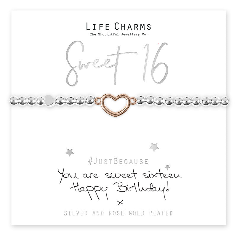 Sweet 16 rose gold heart bracelet from Cornucopia Home and Gift with life charms, featuring a delicate chain and heart pendant.