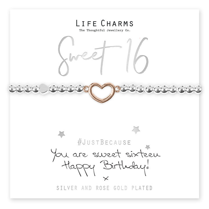 Sweet 16 rose gold heart bracelet from Cornucopia Home and Gift with life charms, featuring a delicate chain and heart pendant.