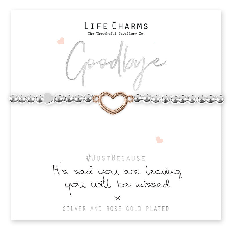 Life charms Sad You Are Leaving bracelet by Cornucopia Home and Gift featuring a heartfelt charm on a silver-tone bracelet.