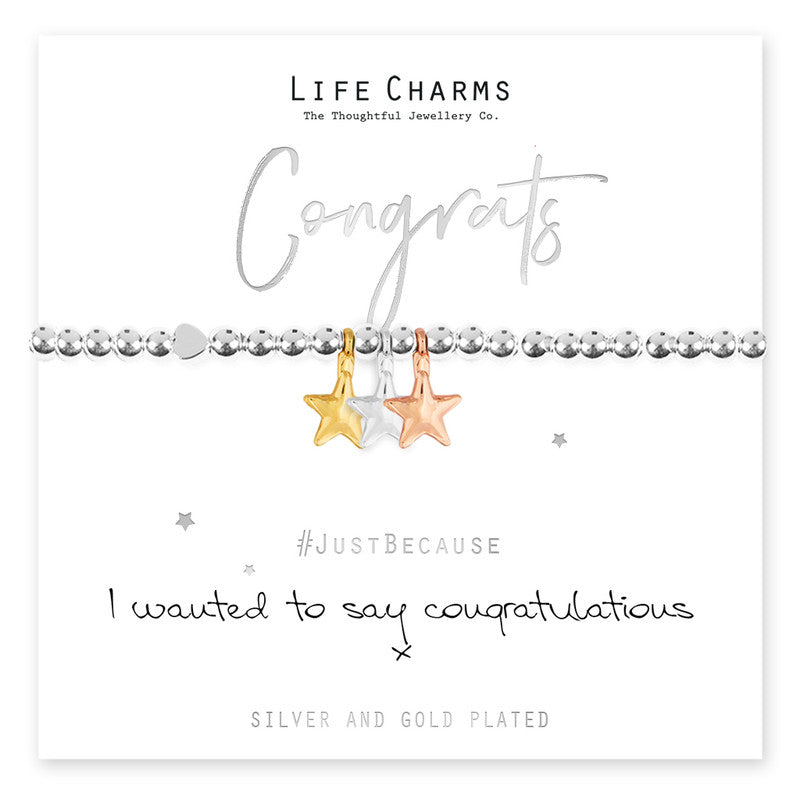 Gold Congrats Bracelet from Cornucopia Home and Gift Life Charms collection, featuring a delicate charm with "Congrats" inscription.
