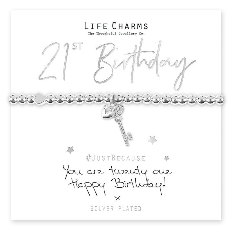 You Are 21 key bracelet with life charms, featuring a silver-toned key pendant on a delicate chain design.