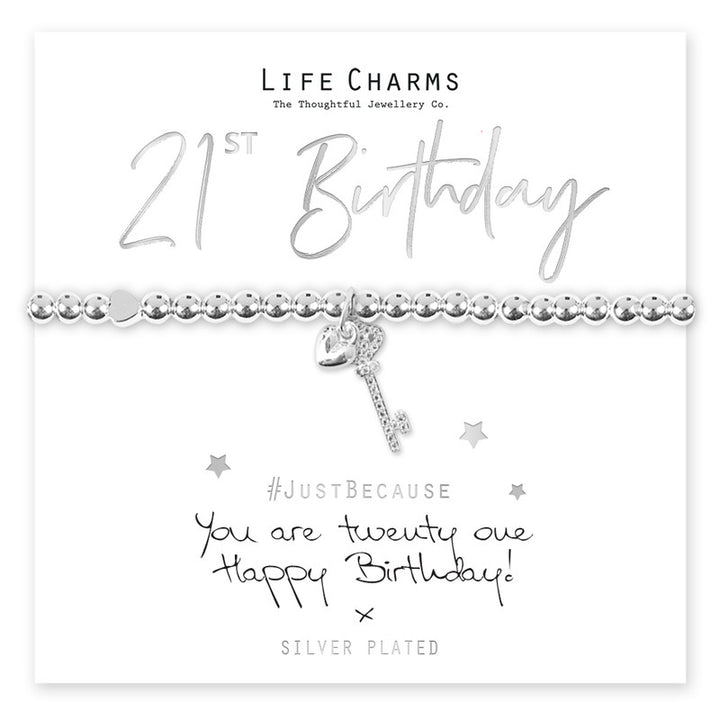 You Are 21 key bracelet with life charms, featuring a silver-toned key pendant on a delicate chain design.