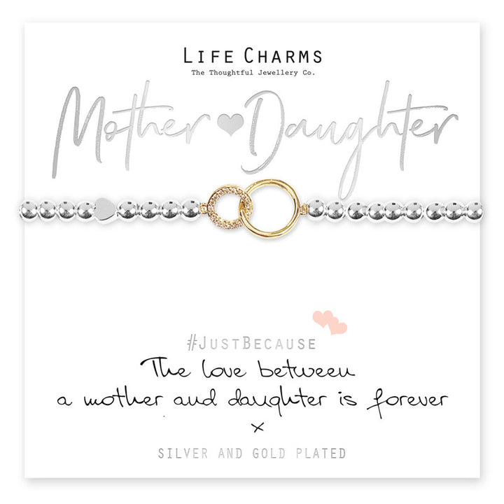 Silver "Love Between Mother &amp; Daughter" bracelet from Cornucopia Home and Gift with heart charm and delicate chain.