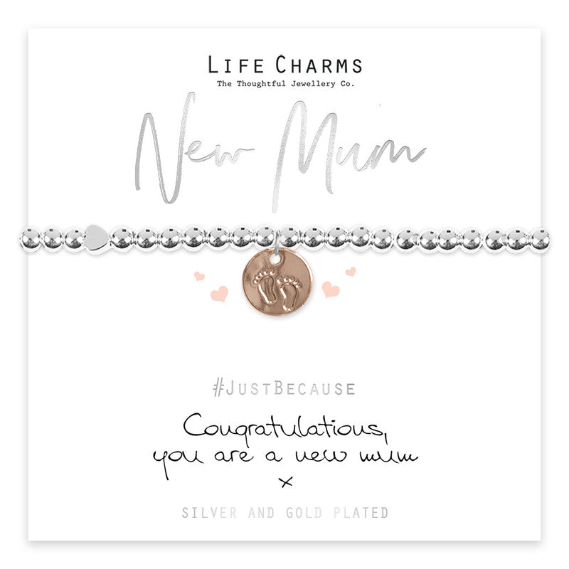 Life Charms New Mum Bracelet with silver and gold-tone charms, designed for new mothers, by Cornucopia Home and Gift.